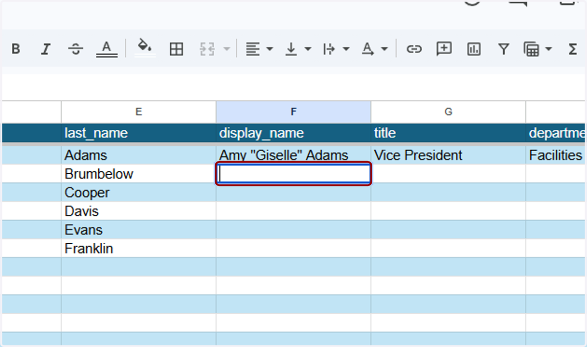 You can leave "display_name" blank for anyone who will be using the First Name and Last Name as-is in their columns.