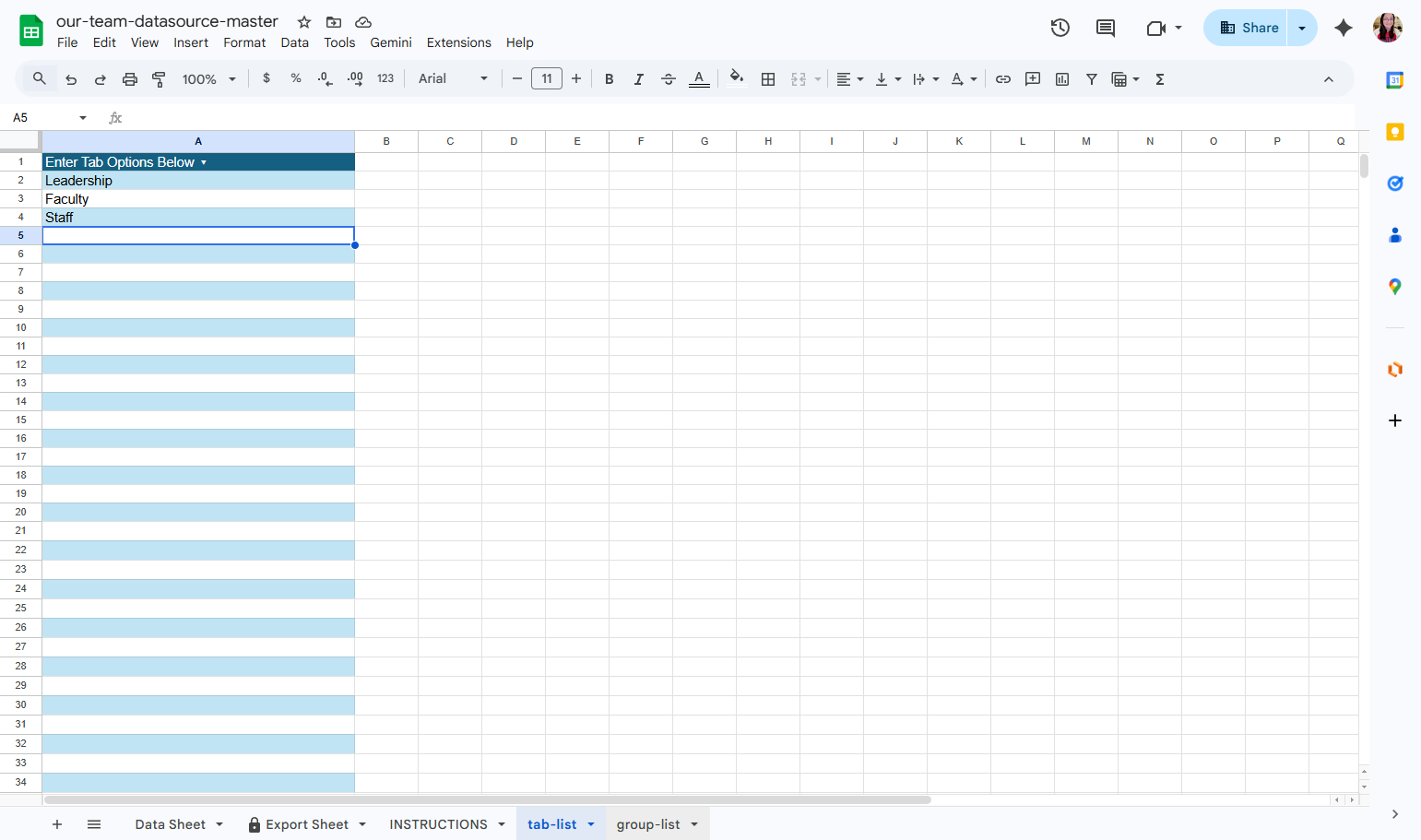 To manage Groups, click the "group-list" tab in the spreadsheet.