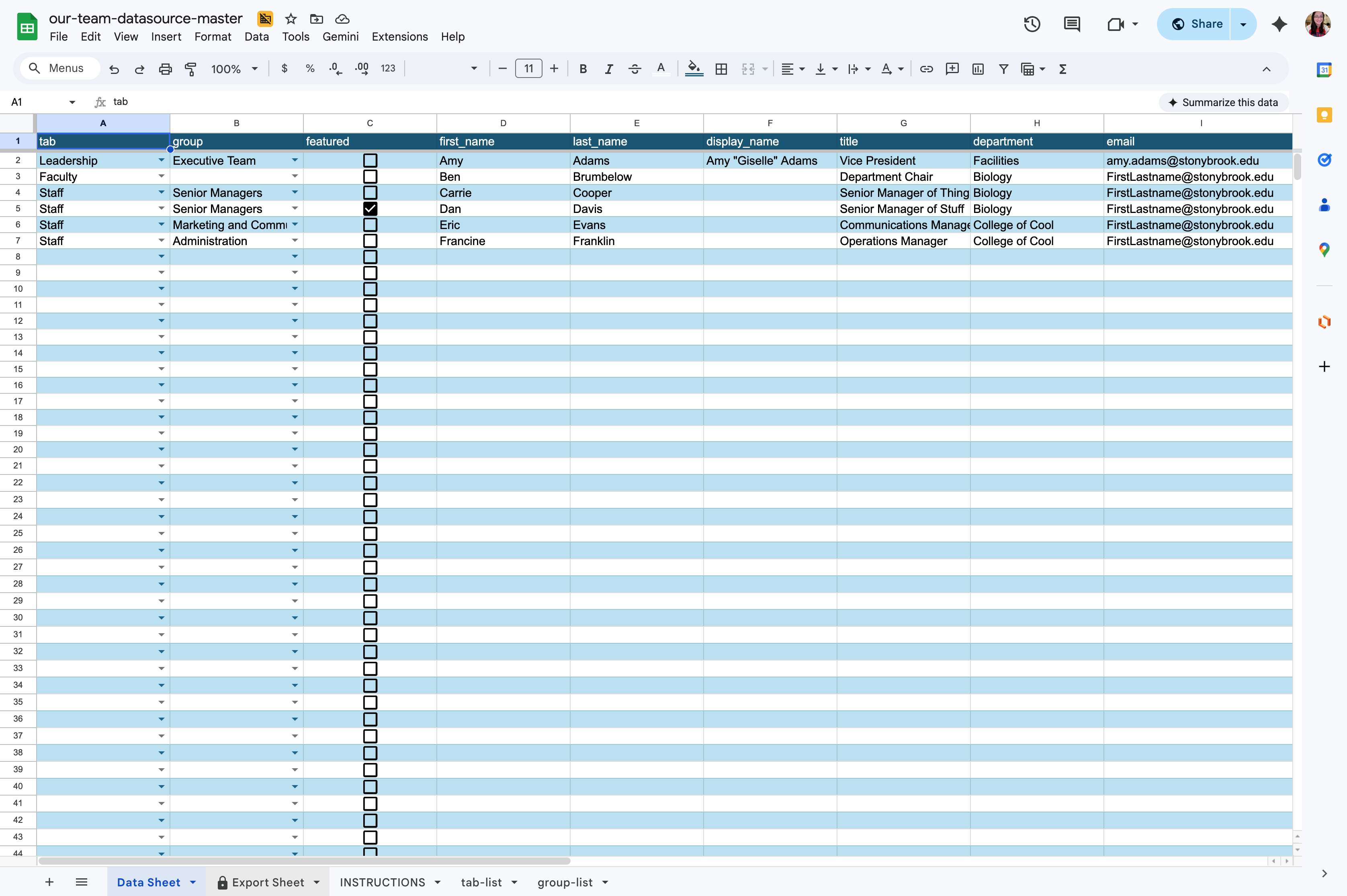 When you're done adding your tabs, groups, and people, and selecting your features, you're ready to export your sheet. Navigate to the Export Sheet tab, which has a lock icon on it.