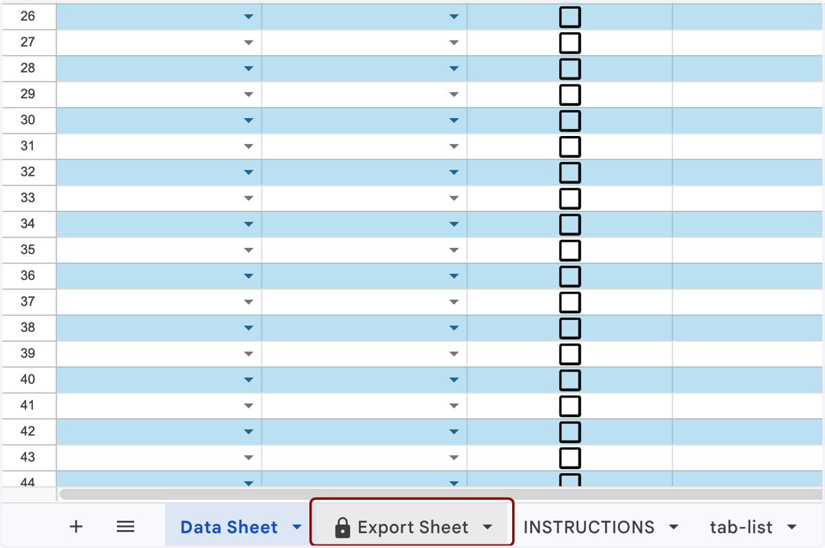 When you're done adding your tabs, groups, and people, and selecting your features, you're ready to export your sheet. Navigate to the Export Sheet tab, which has a lock icon on it.