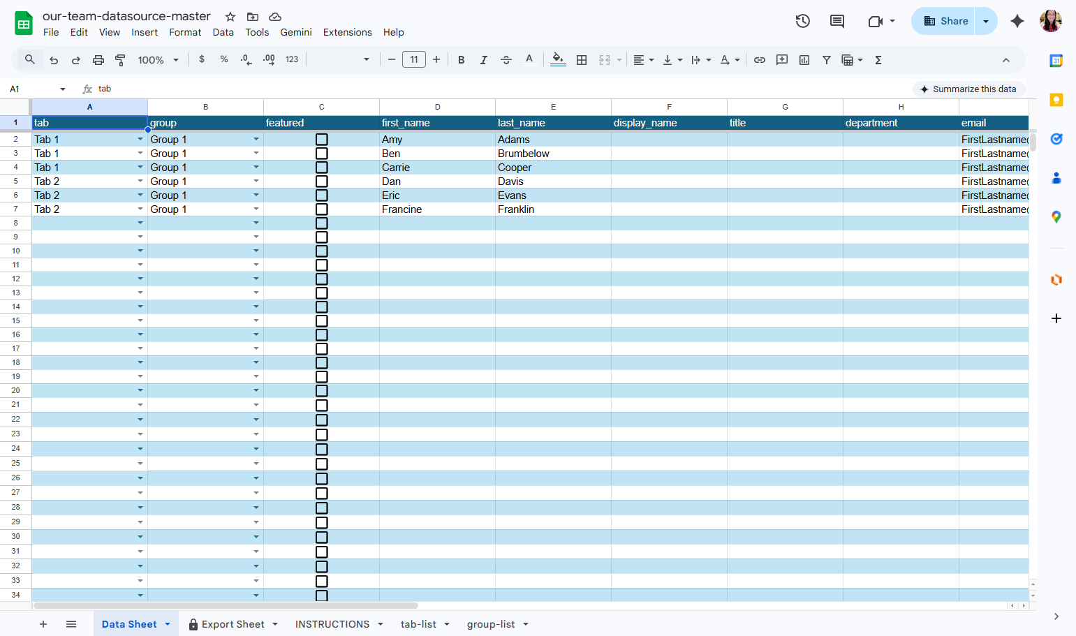 You will work primarily in the "Data Sheet" tab (the first tab) in the document, but we will first begin with setting up the tabs you want to have across the top of your directory on the live page (if you want tabs).