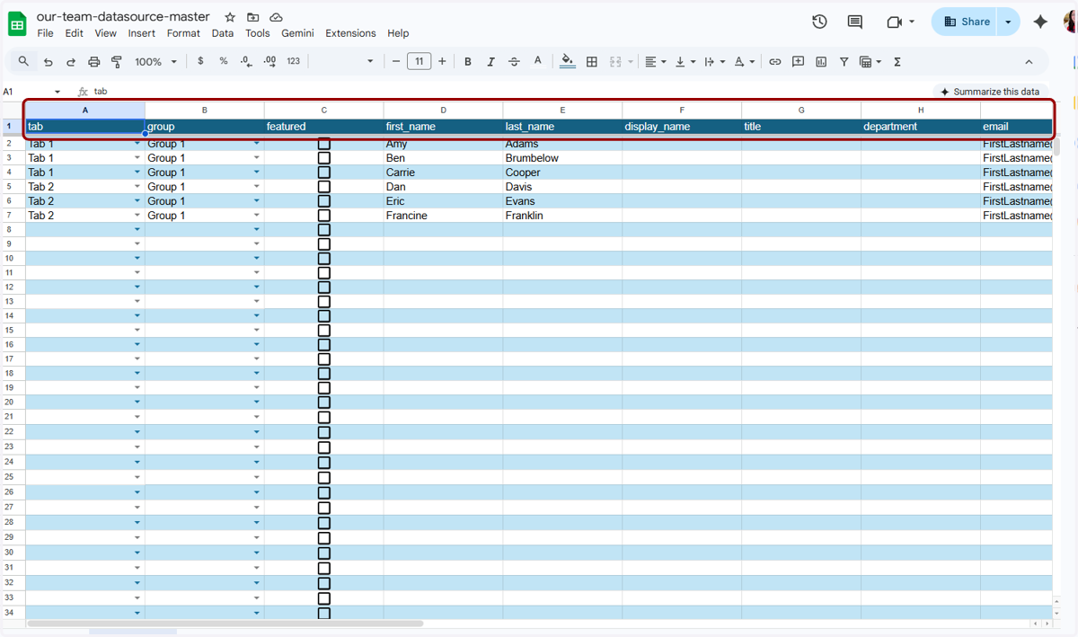 You will work primarily in the "Data Sheet" tab (the first tab) in the document, but we will first begin with setting up the tabs you want to have across the top of your directory on the live page (if you want tabs).