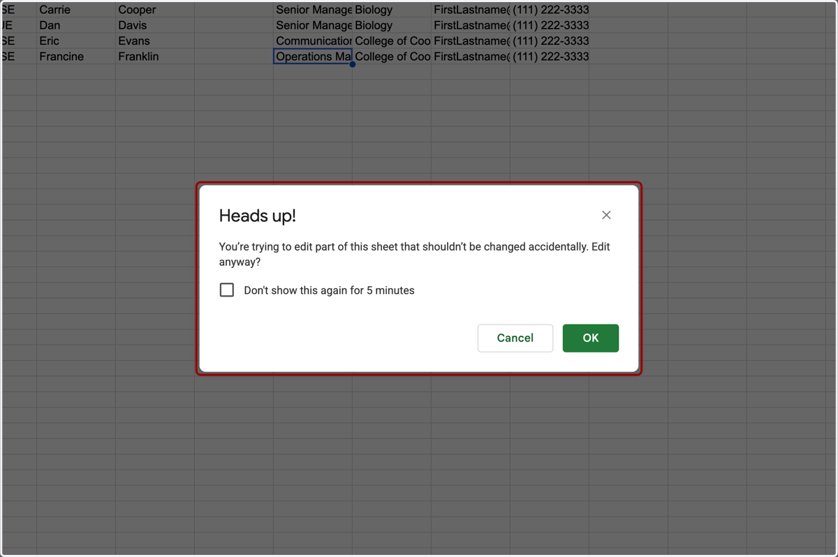 Don't worry about accidentally editing this tab instead of the Data Sheet. If you go to make any changes here, it will warn you that this sheet shouldn't be edited.
