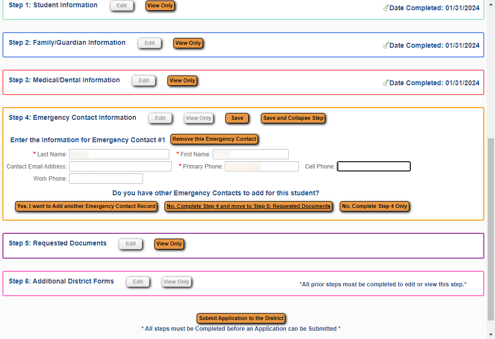 Enter the Emergency Contact Information, then select Complete Step 4 and move to Step 5: Requested Documents
