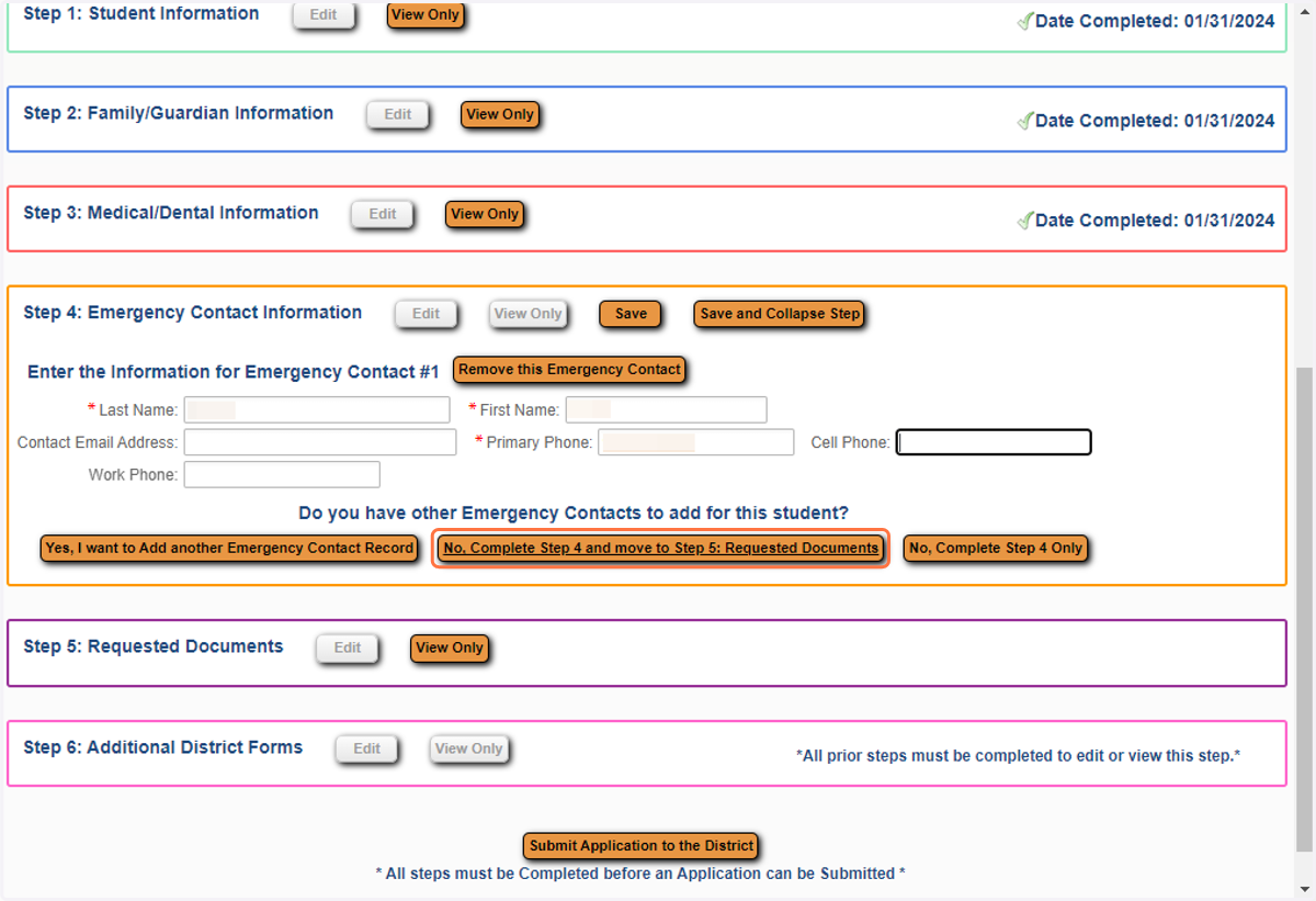 Enter the Emergency Contact Information, then select Complete Step 4 and move to Step 5: Requested Documents