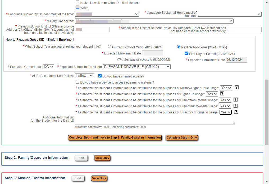 After completing all required fields, select Complete Step 1 and move to Step 2: Family/Guardian Information
