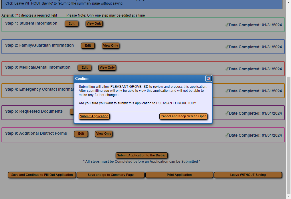 After you submit, you will get this pop-up asking if you are sure, if you have reviewed all information, select Submit Application