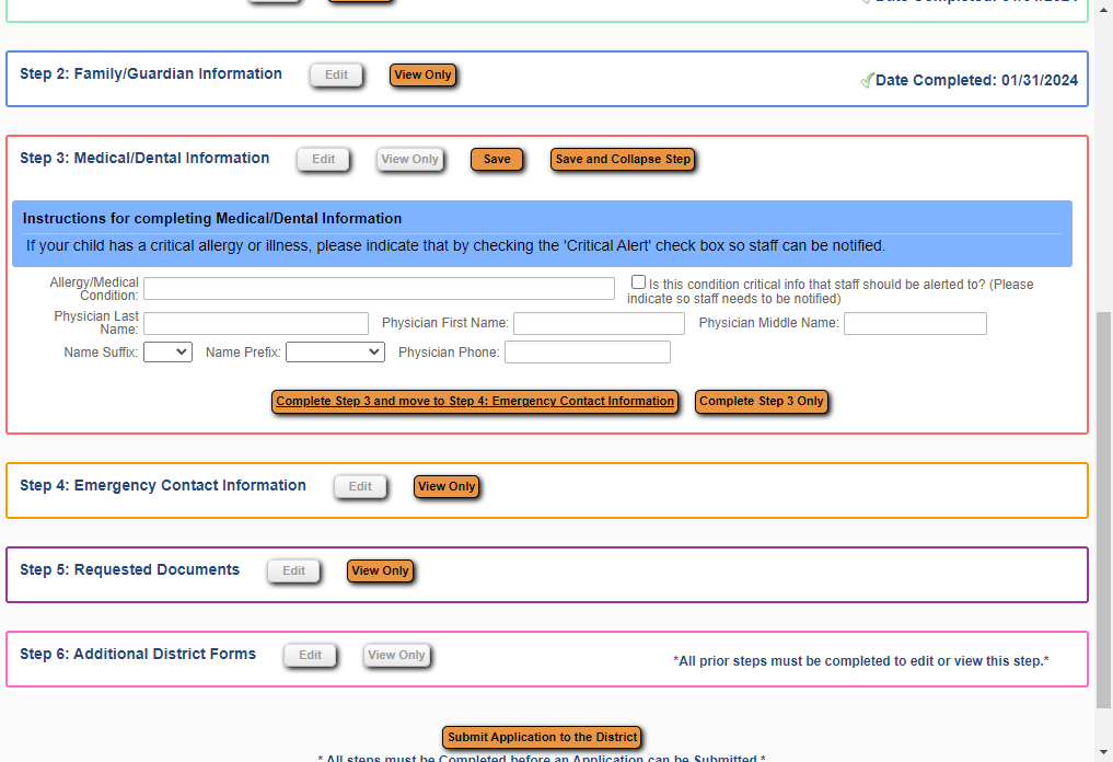 Complete, then select Complete Step 3 and move to Step 4: Emergency Contact Information