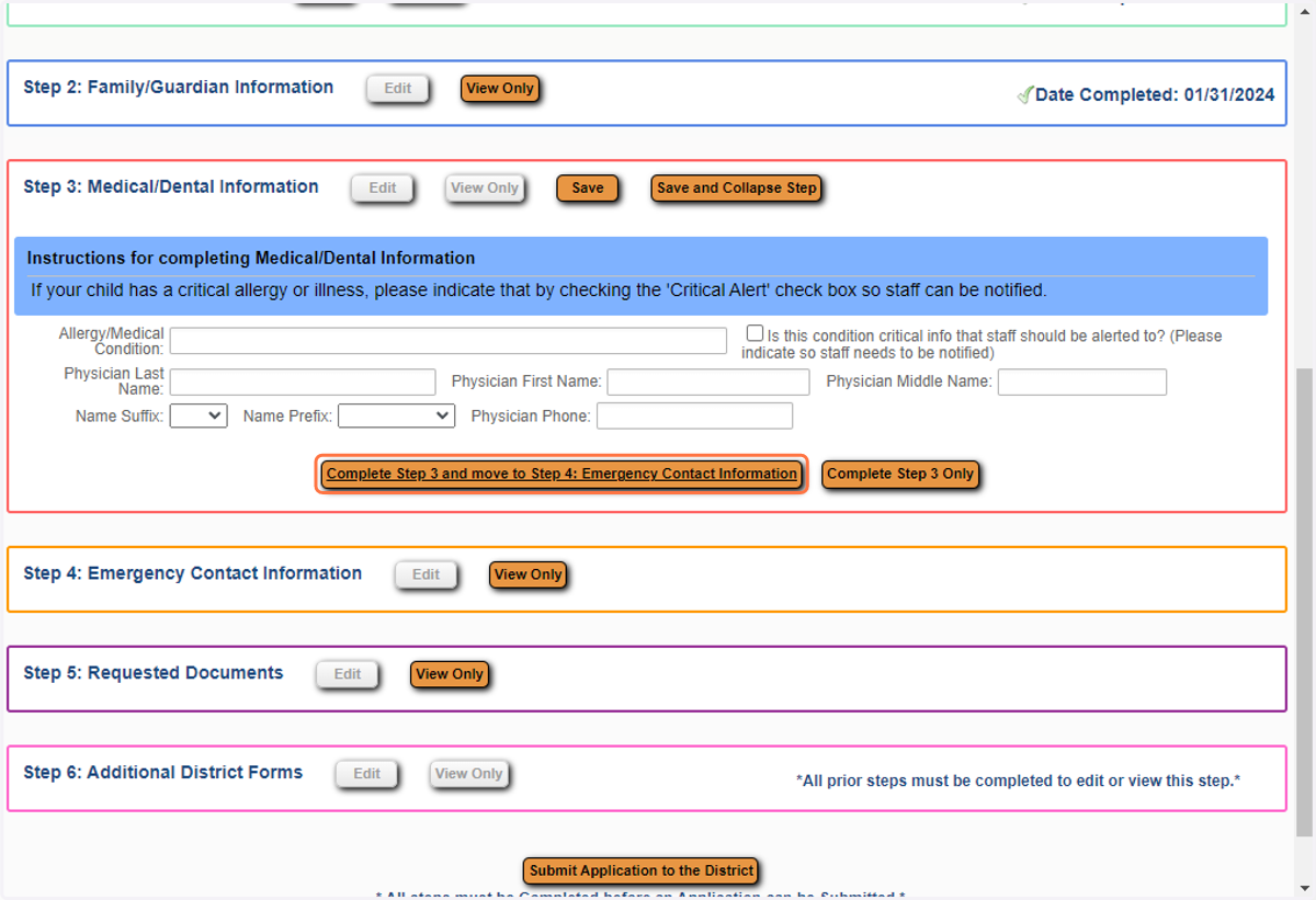 Complete, then select Complete Step 3 and move to Step 4: Emergency Contact Information