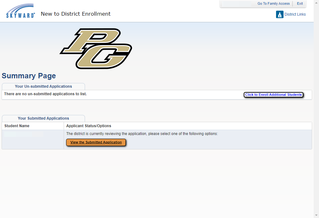 To view the submitted application, select View the Submitted Application