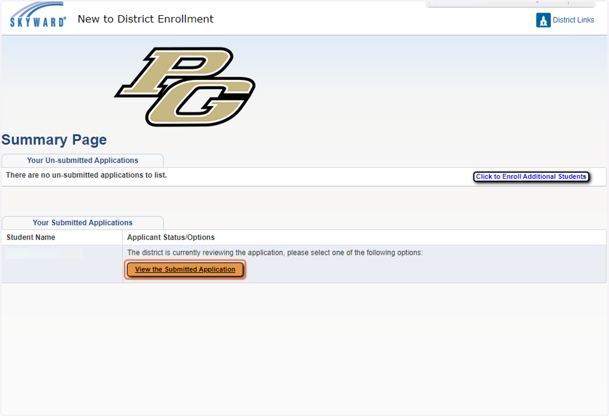 To view the submitted application, select View the Submitted Application