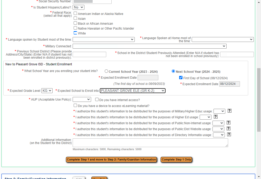 Select PLEASANT GROVE ELE (GR K-2) from *Expected School to Enroll into