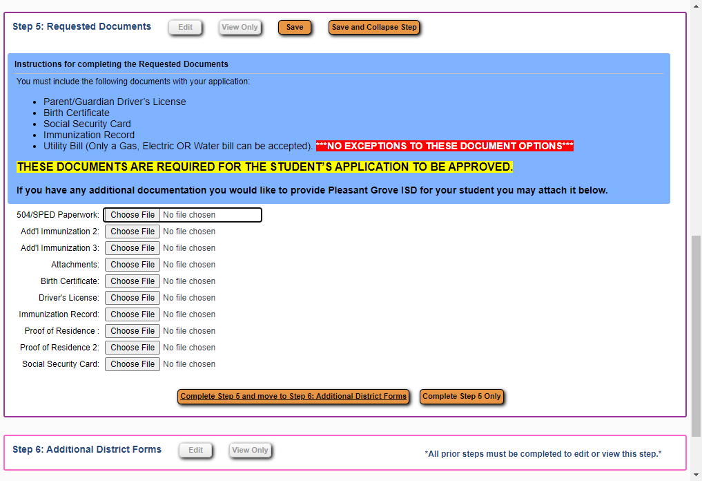 Attach the required documentation, then select Complete Step 5 and move to Step 6: Additional District Forms