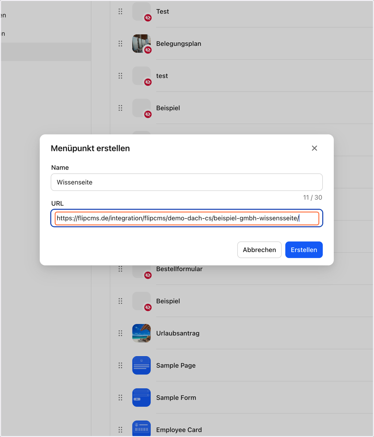Bennene den Menüpunkt und setze den kopierten Link ein. Klicke anschließend auf "Erstellen".