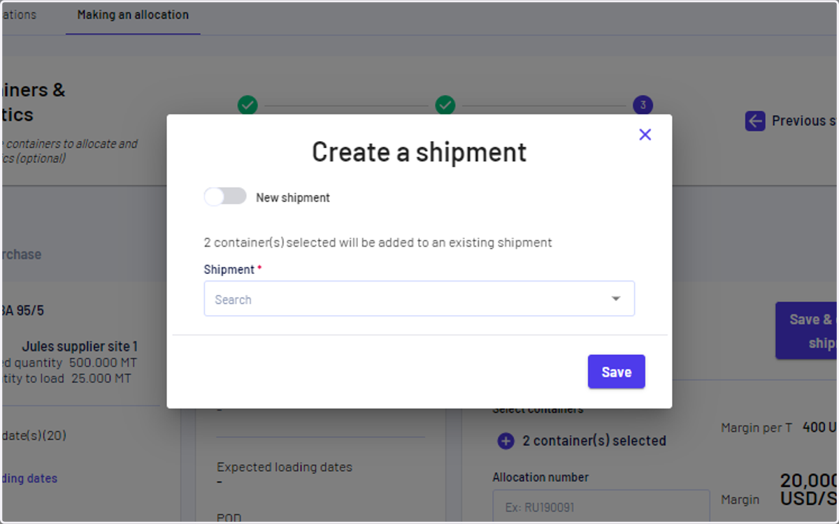 You can create a new shipment (toggle on) or add to an existing shipment (toggle off)