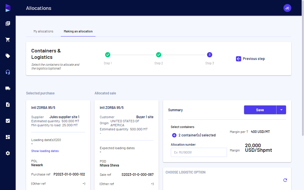 In the Allocation module, select the "Purchase", "Sale", and "Containers" you want to allocate