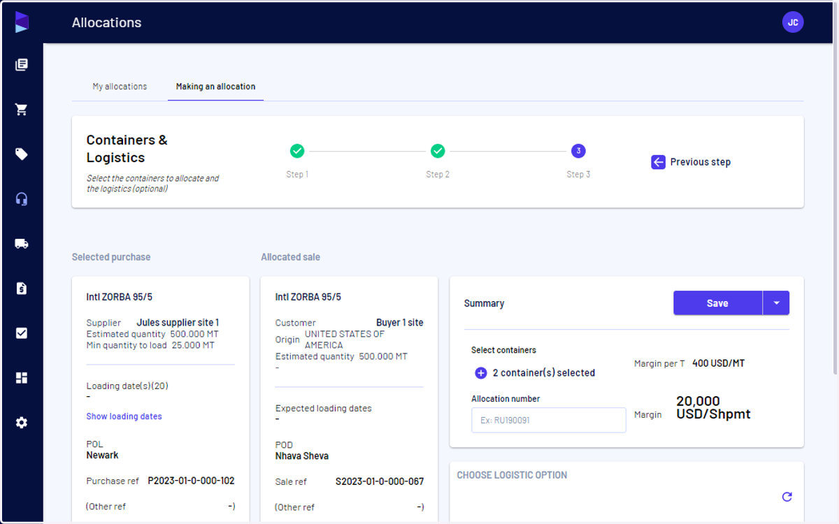 In the Allocation module, select the "Purchase", "Sale", and "Containers" you want to allocate