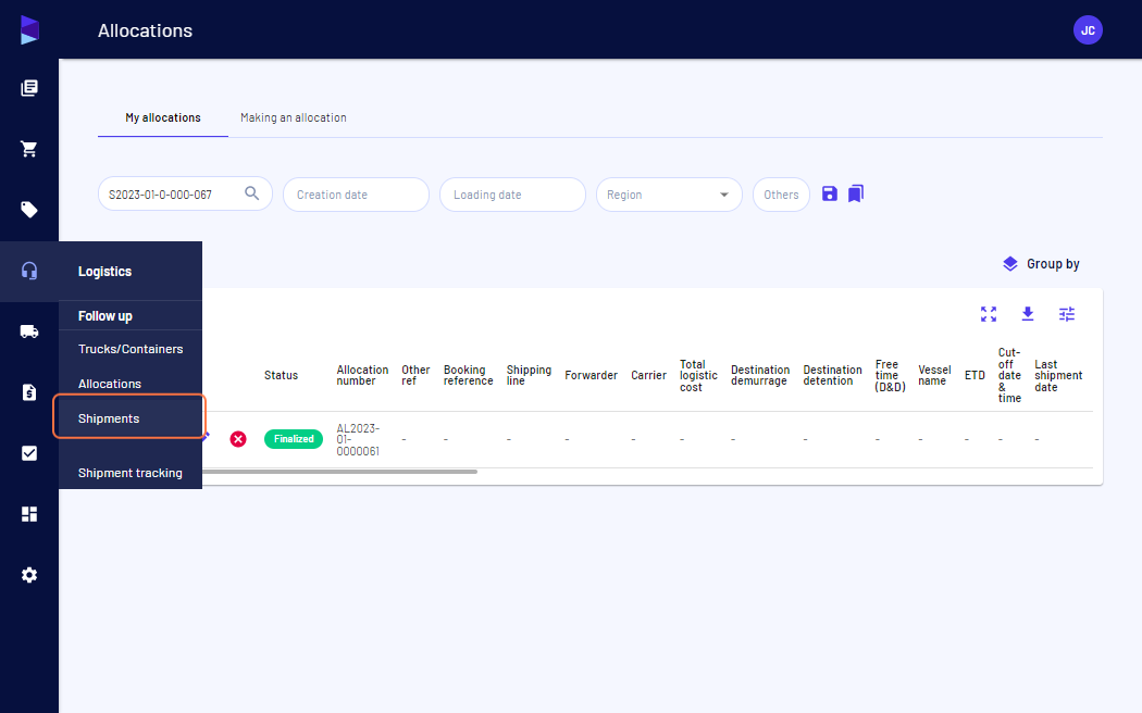 To view it, go to the "Logistics" menu and click on "Shipments"