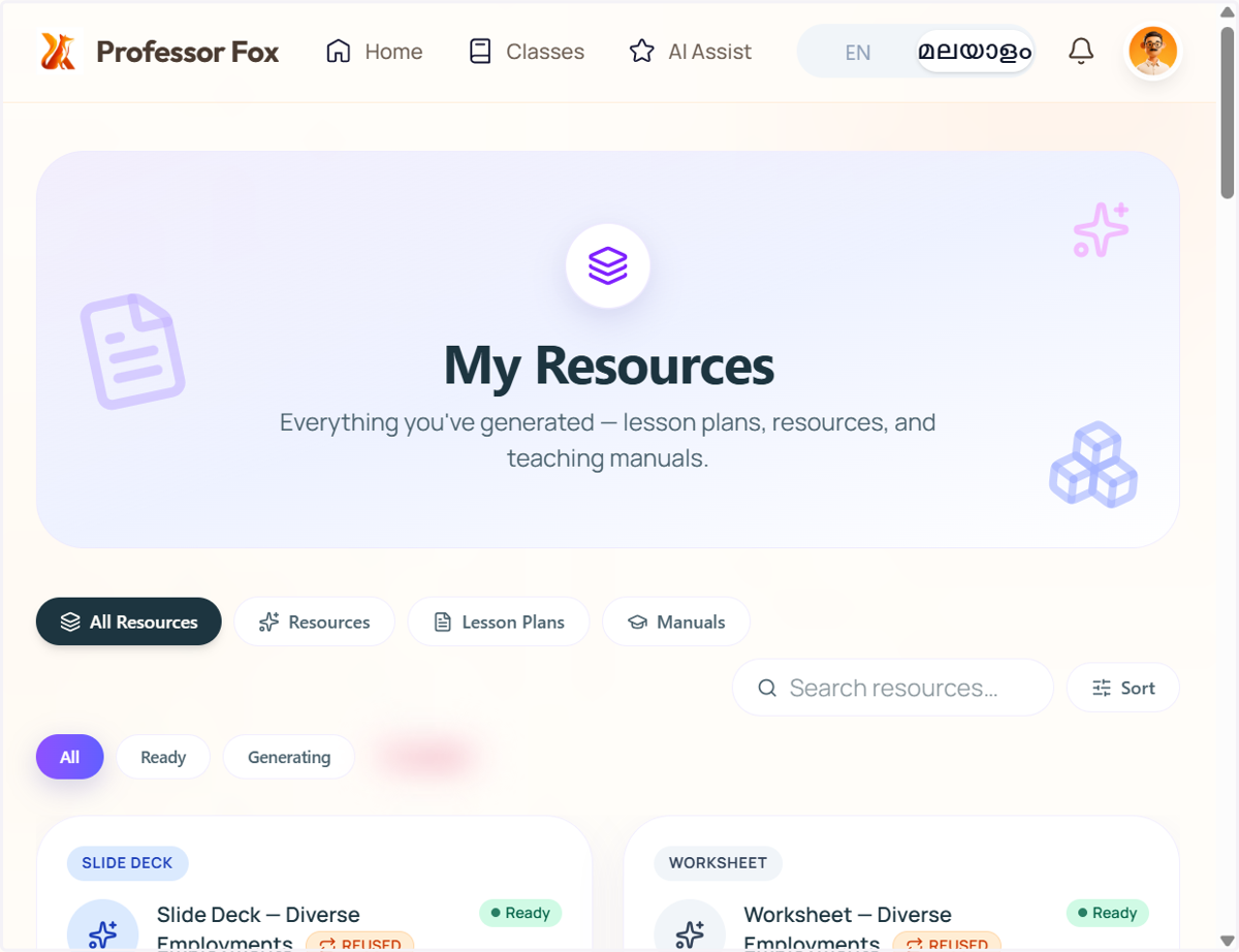 The My Resources page serves as a central hub for all the resources you create in Professor Fox.