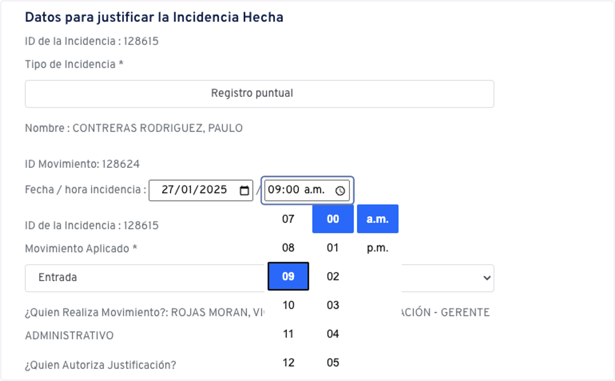 Modifica la hora del movimiento