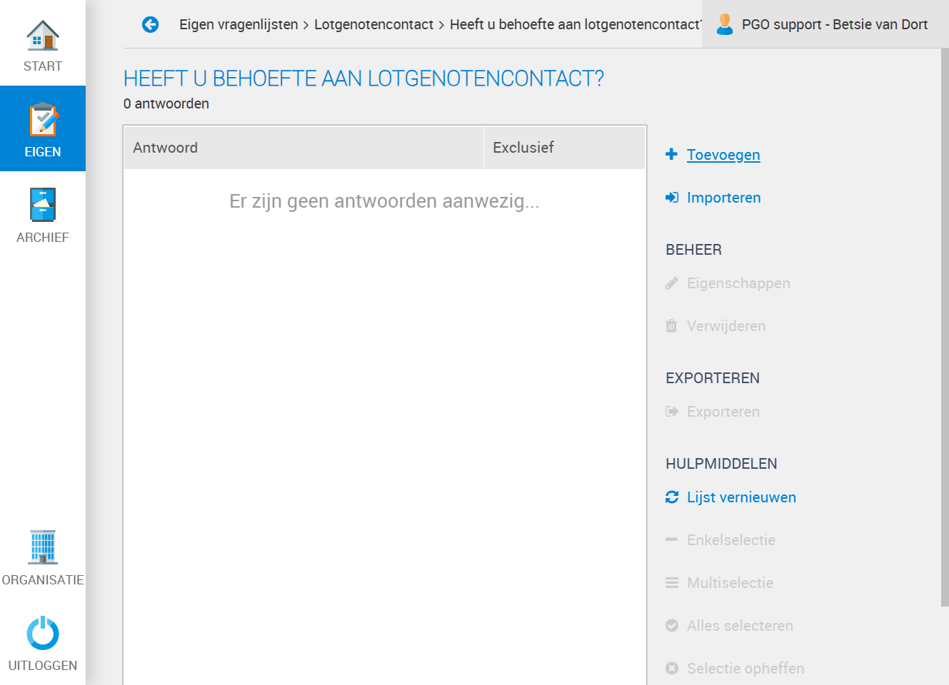 Je kunt nu antwoorden toevoegen. Er zijn 2 manieren. Als je klikt op Toevoegen dan kun je 1 antwoord per keer toevoegen. Klik je op Importeren dan kun je meerdere antwoorden in een keer toevoegen. Beide manieren worden uitgelegd.
