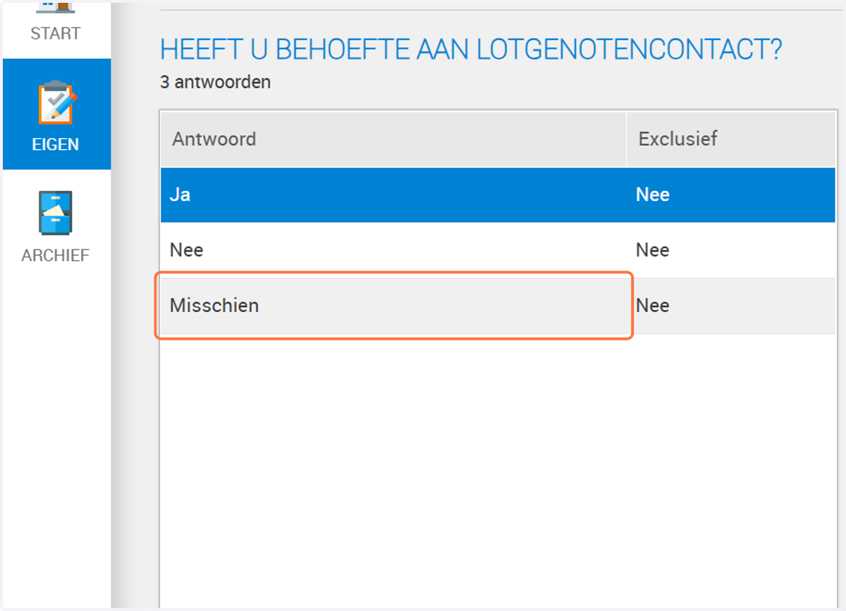 Je kunt nu alsnog extra optie meegeven aan een antwoord. Klik op het antwoord wat je extra opties mee wilt geven. In ons voorbeeld "Misschien".