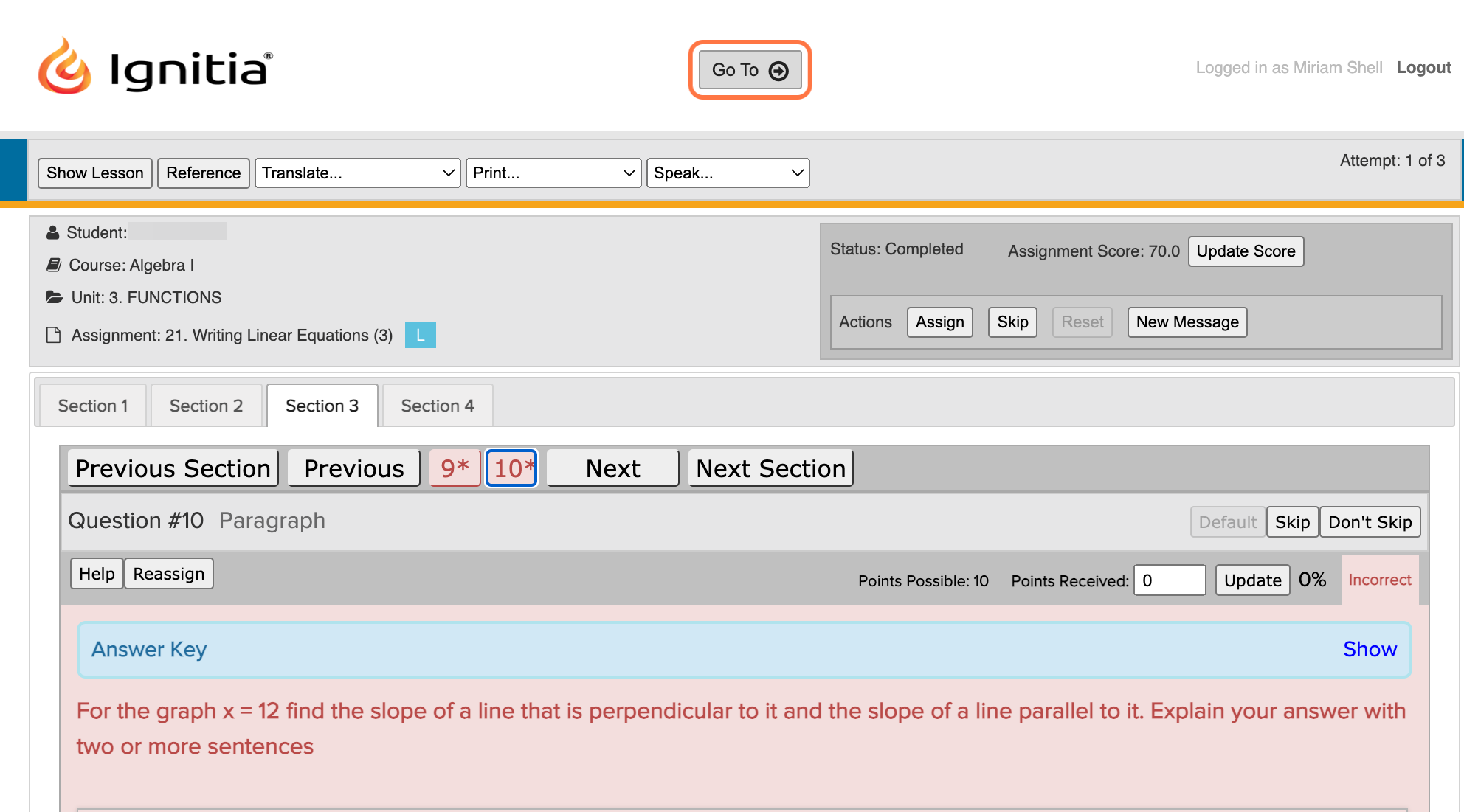 Once you're done in that assignment and are ready to return to the Gradebook, click on the 'Go To' button at the top of the page.