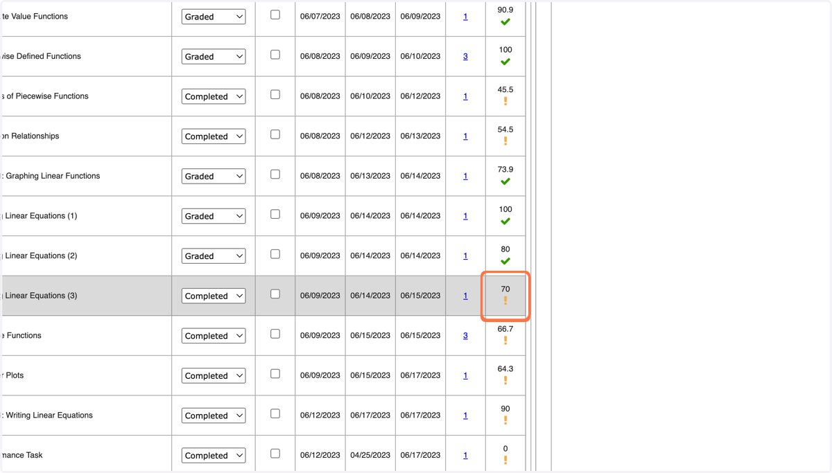 Click on an assignment with a yellow exclamation point