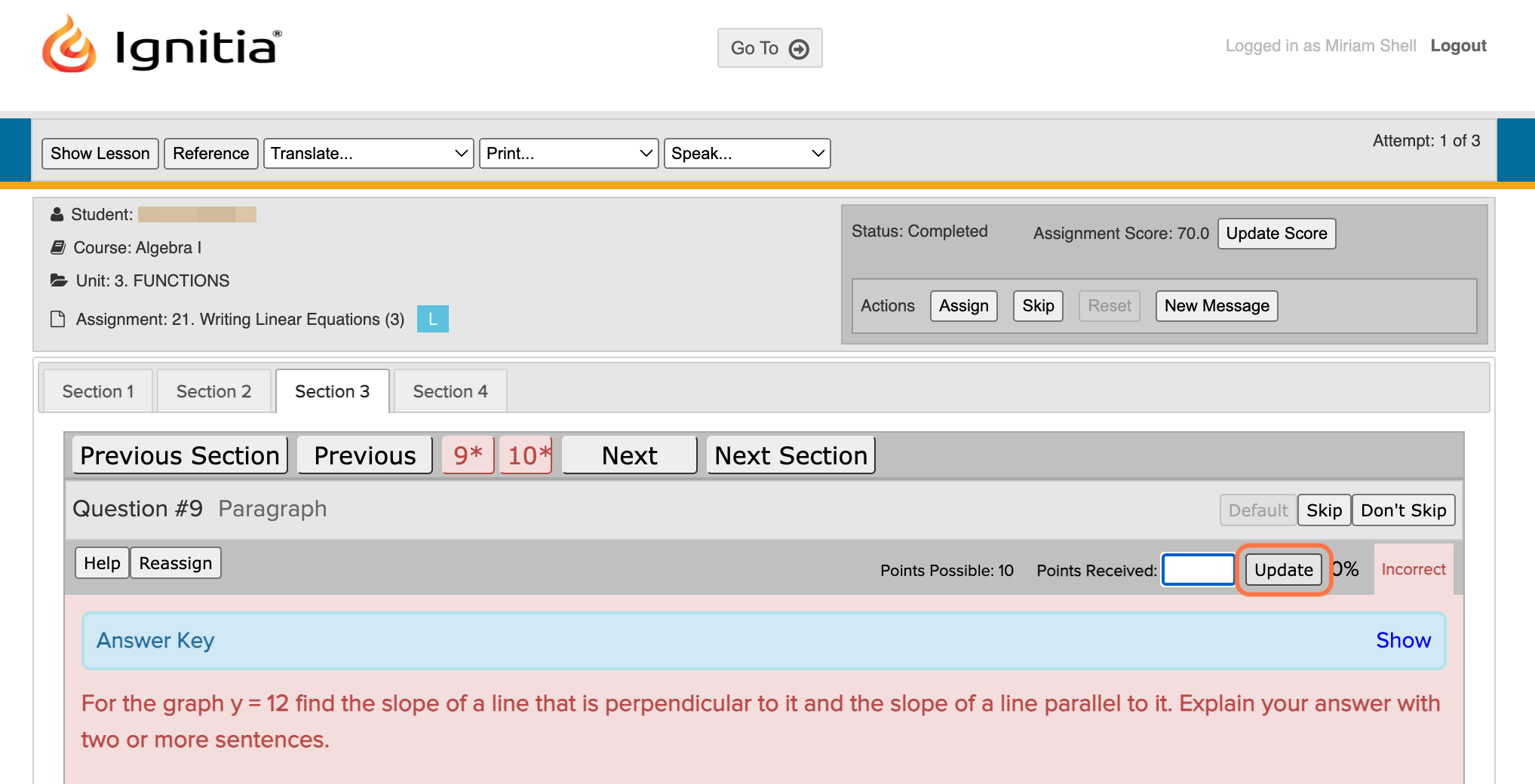 Once you have inputed the points the student has earned for the question, be sure to click 'Update' to apply the grade!
