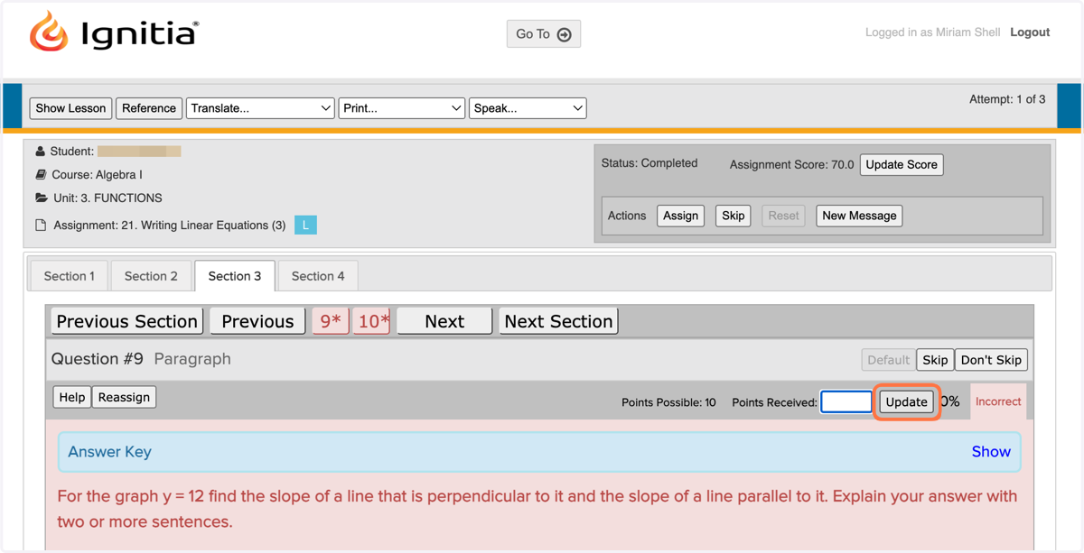 Once you have inputed the points the student has earned for the question, be sure to click 'Update' to apply the grade!