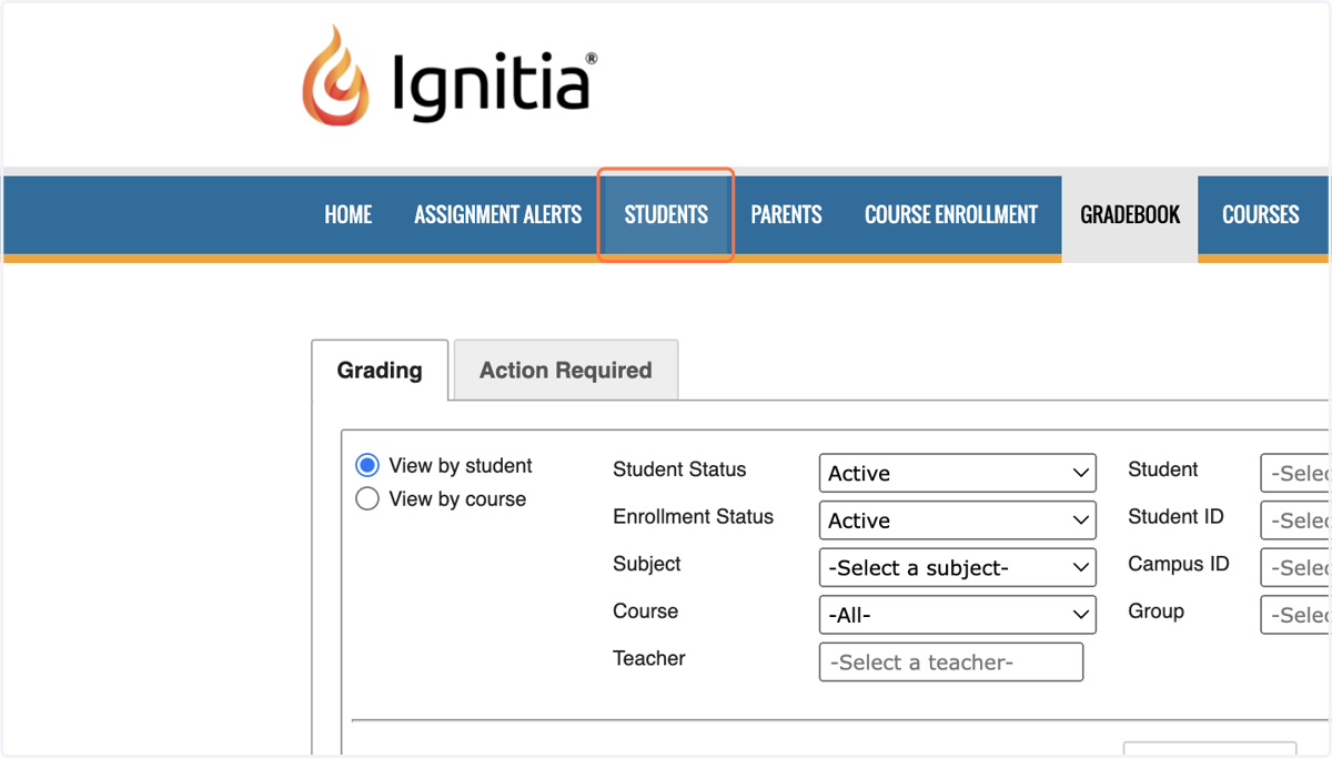 From any tab, click on STUDENTS