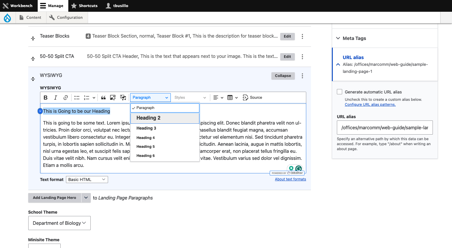 Select Heading 2 from the dropdown