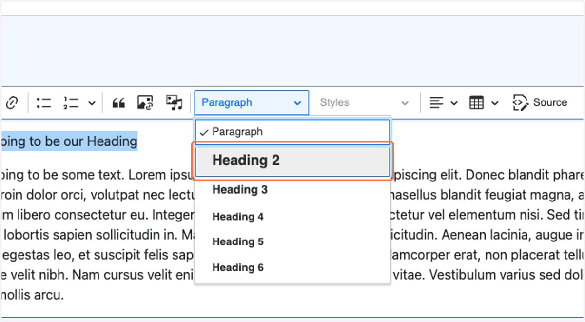 Select Heading 2 from the dropdown