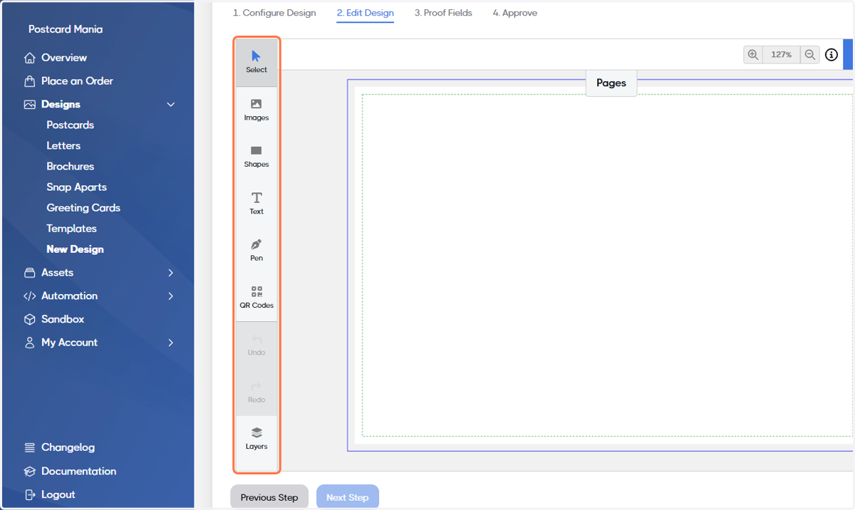Use the tools on the left to create your Design