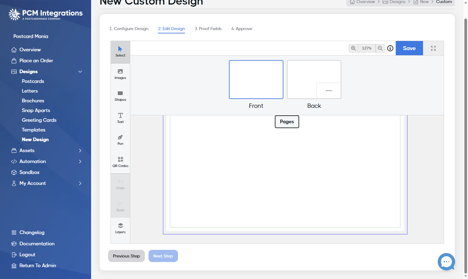 Click the Pages tab to switch the canvas to the back of the mail piece