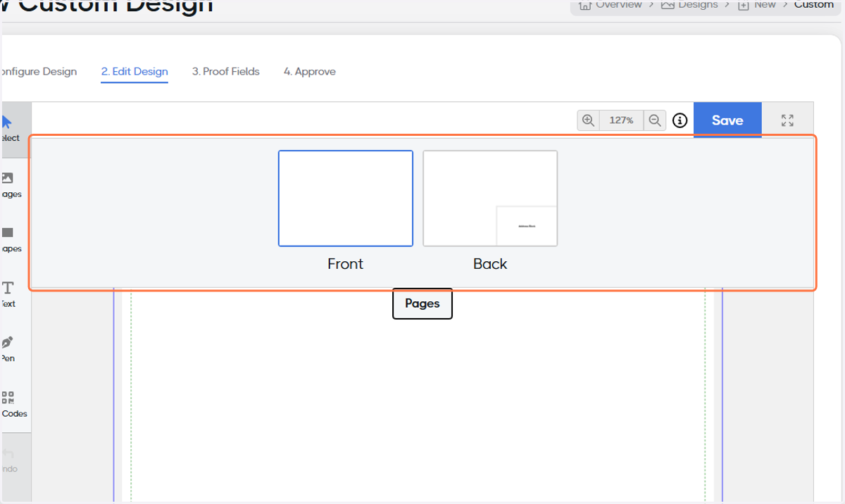 Click the Pages tab to switch the canvas to the back of the mail piece
