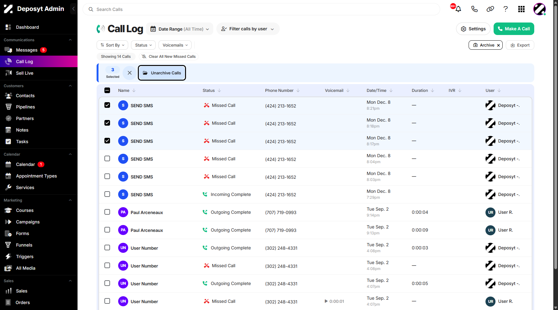Step 6: Once all the desired call history is selected, click on Unarchive Calls to proceed.