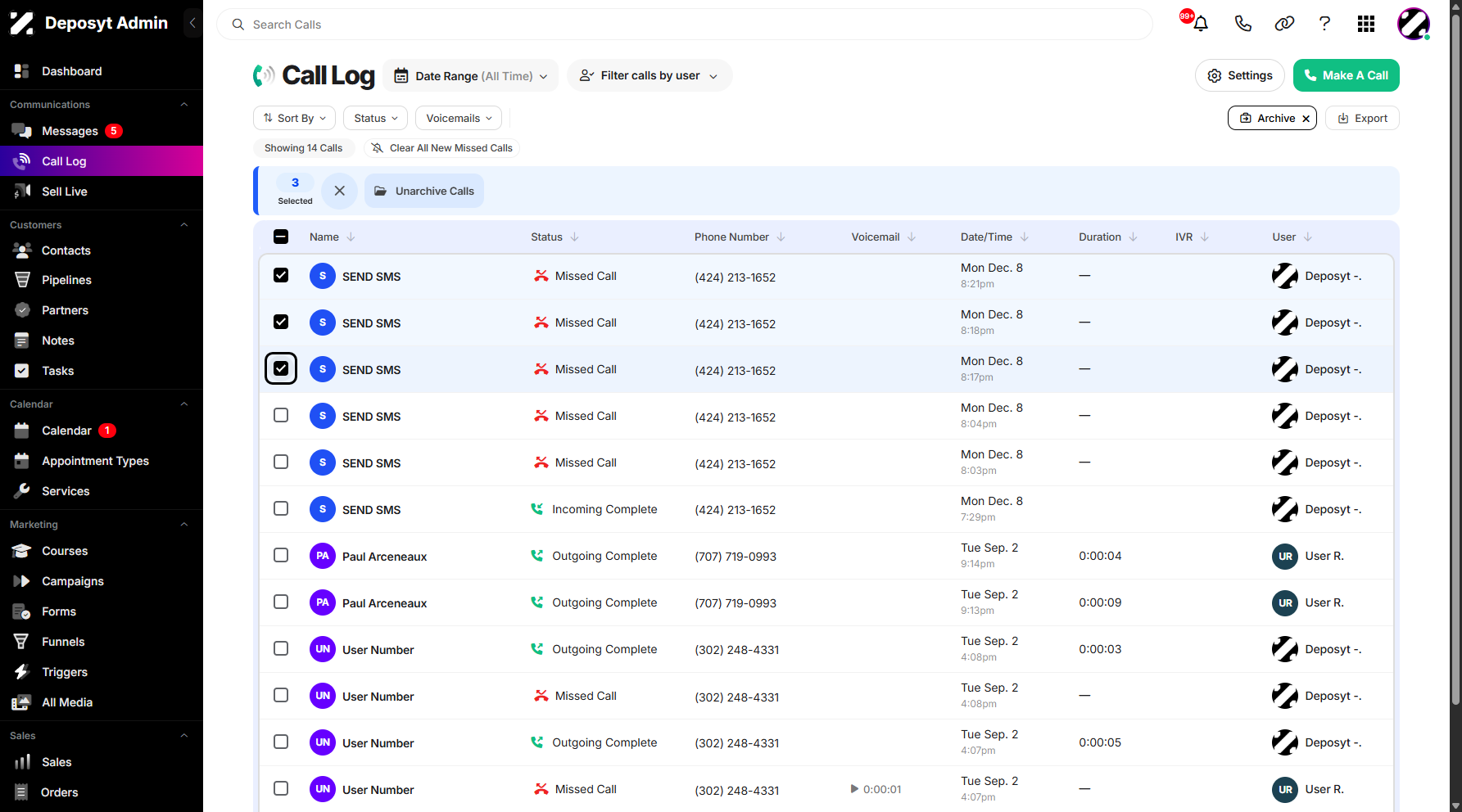 Step 5: To remove call history from the archive, simply select the checkbox next to the call(s) you want to unarchive. You can select multiple call records at once for batch unarchiving.