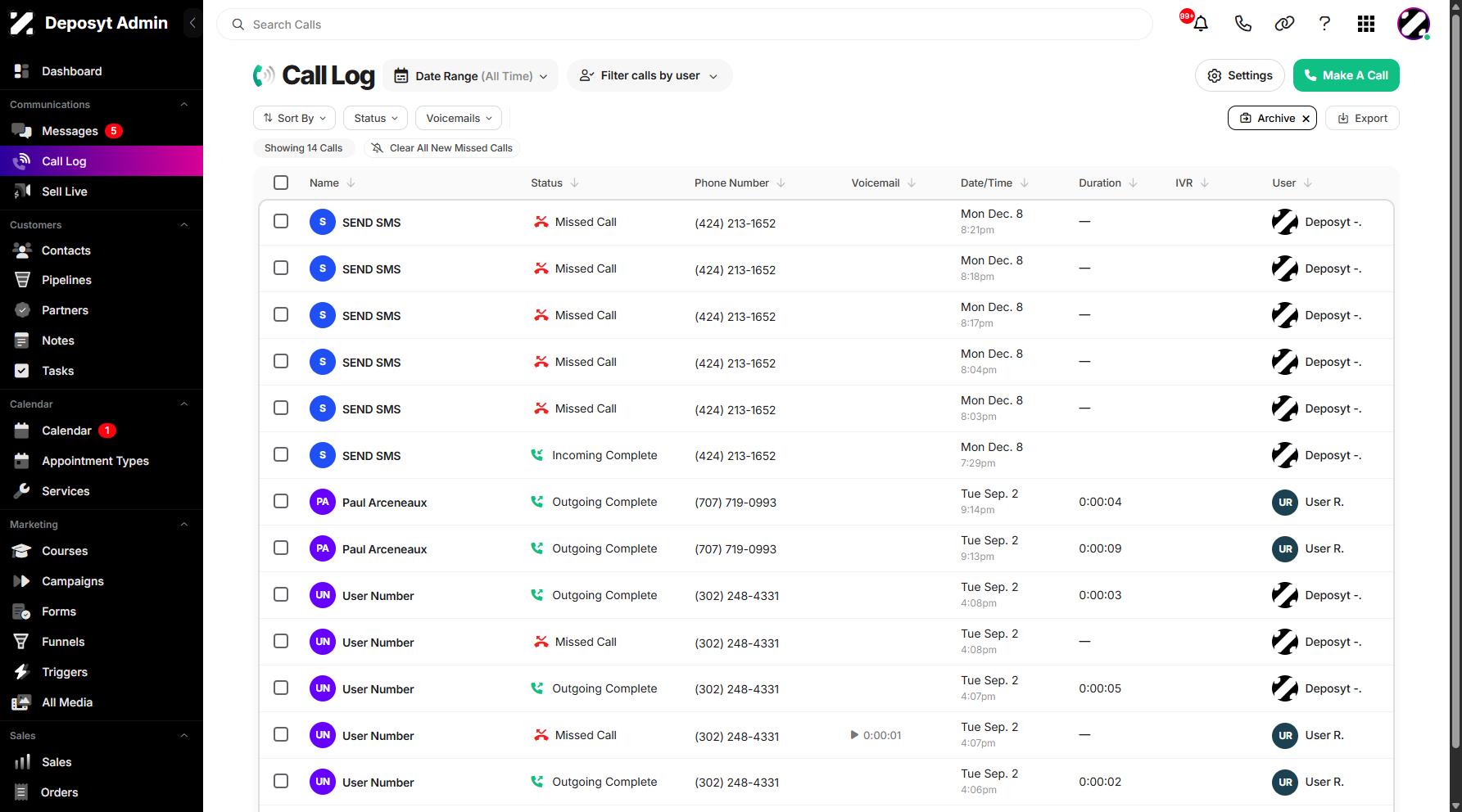 Step 4: This will take you to the archived call logs, where you can review past call activities that were previously archived.