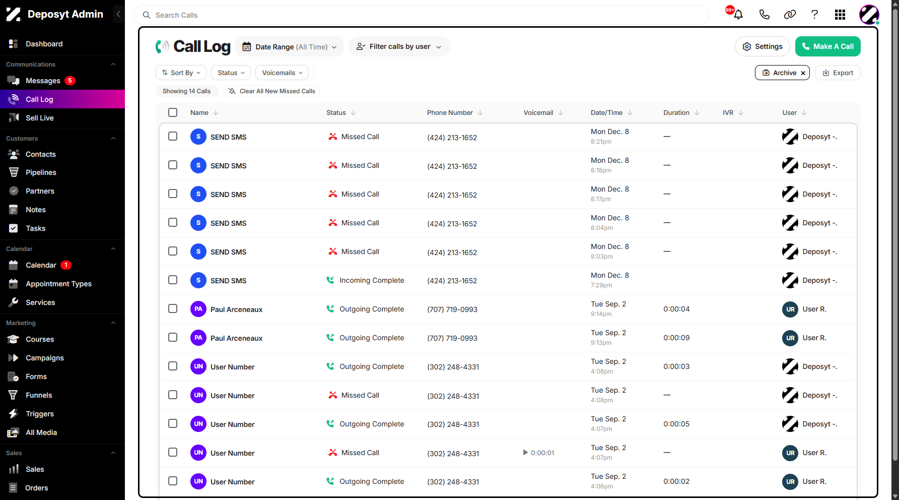 Step 4: This will take you to the archived call logs, where you can review past call activities that were previously archived.