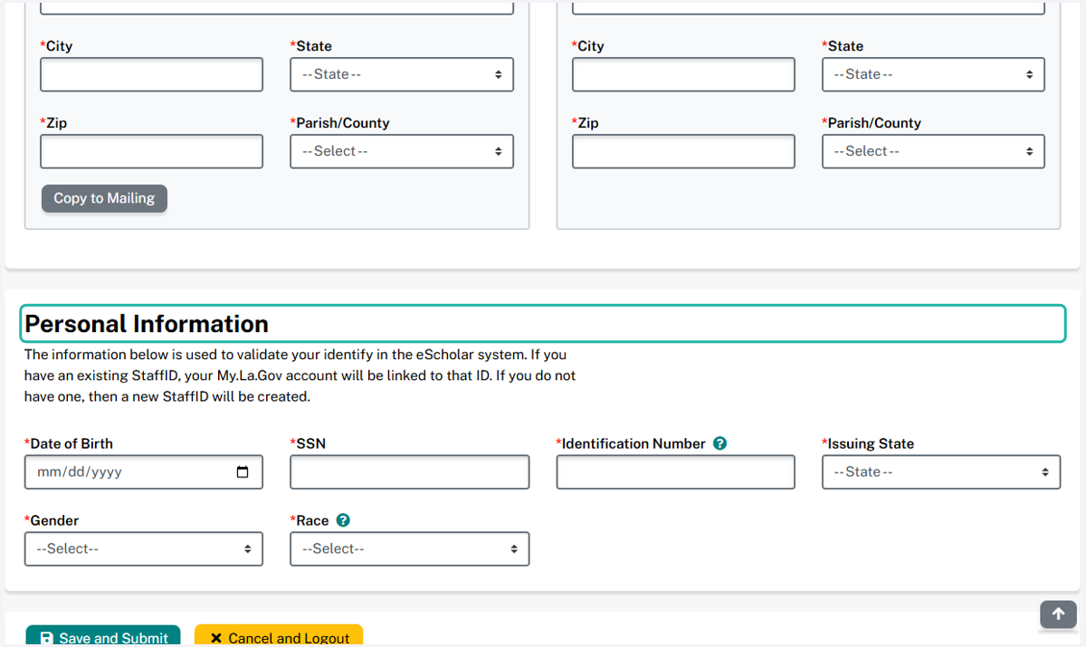Complete all required information in the Personal Information section.