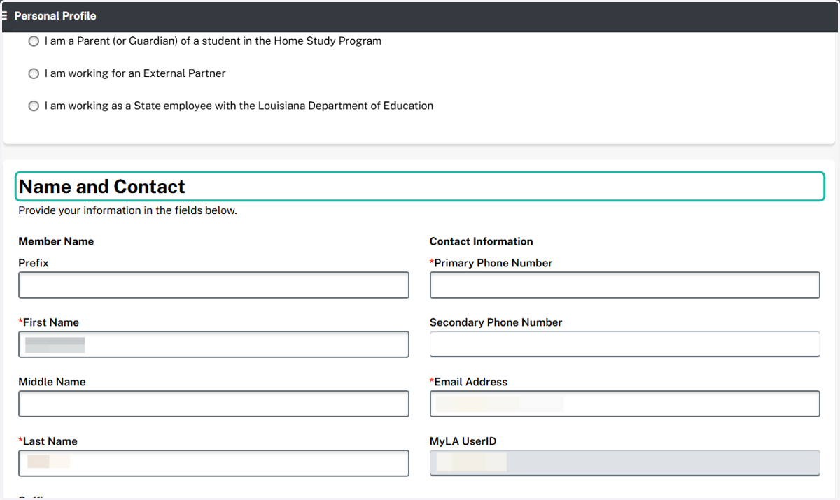 Complete the required information in the Name and Contact section.