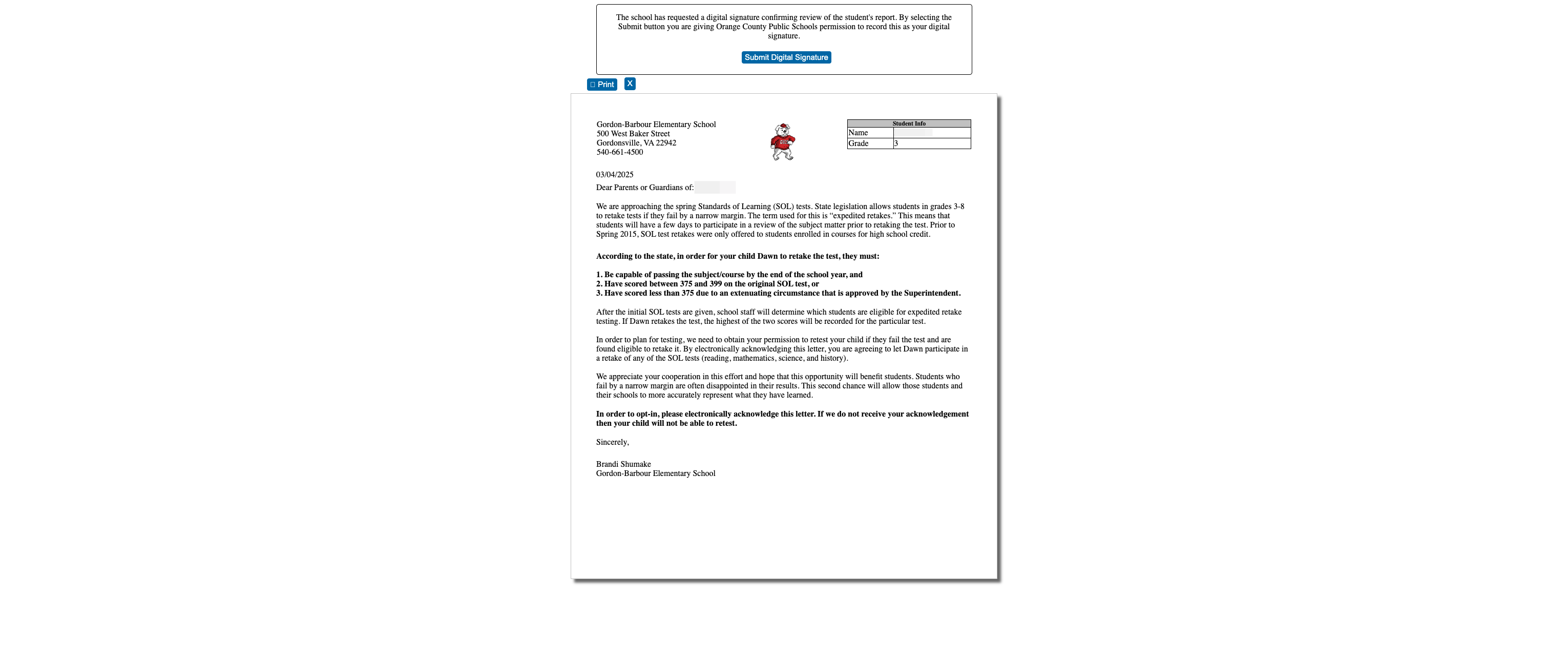 After reading the letter, click on Submit Digital Signature.