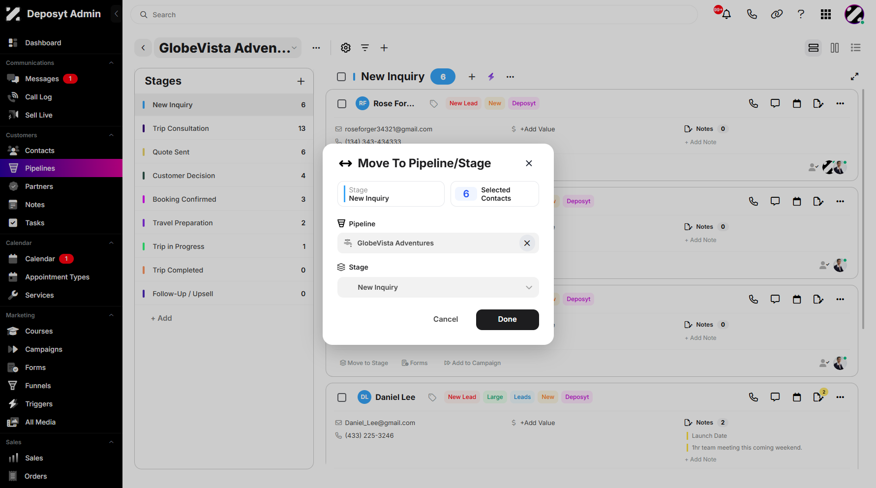 Step 6: A new pop-up window will appear, prompting you to select a pipeline destination or a stage. You can also view the total number of selected contacts at the top right-hand corner. Once you’ve finished configuring, click Done to save your changes.