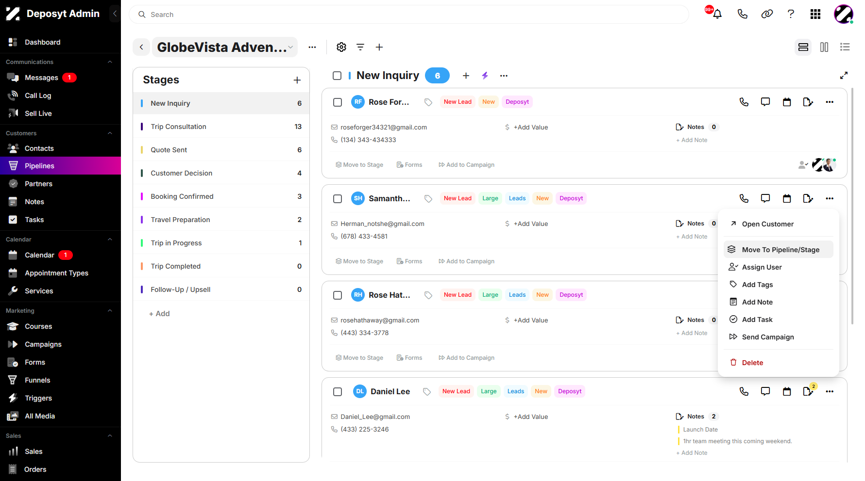 Step 8: Once clicked, a pop-up window will appear, allowing you to select Move to Pipeline/Stage.