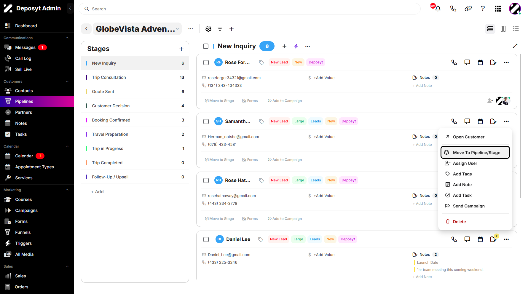 Step 8: Once clicked, a pop-up window will appear, allowing you to select Move to Pipeline/Stage.