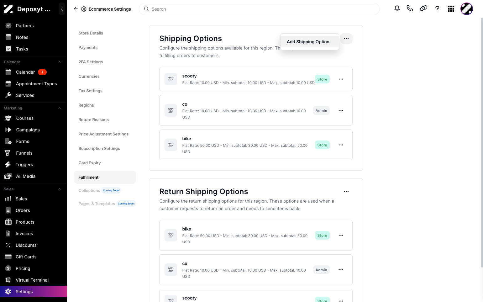 Step 7: If you want to add a shipping option or a return shipping option, click the three-dot menu in each section. Then select Add Shipping Option or Add Return Shipping Option.