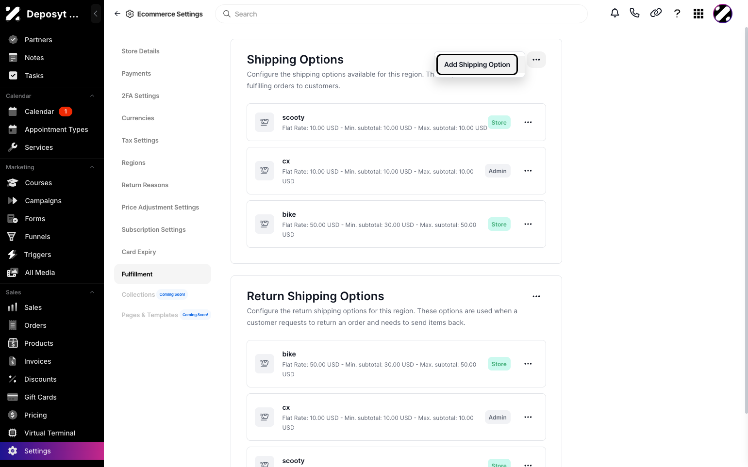 Step 7: If you want to add a shipping option or a return shipping option, click the three-dot menu in each section. Then select Add Shipping Option or Add Return Shipping Option.
