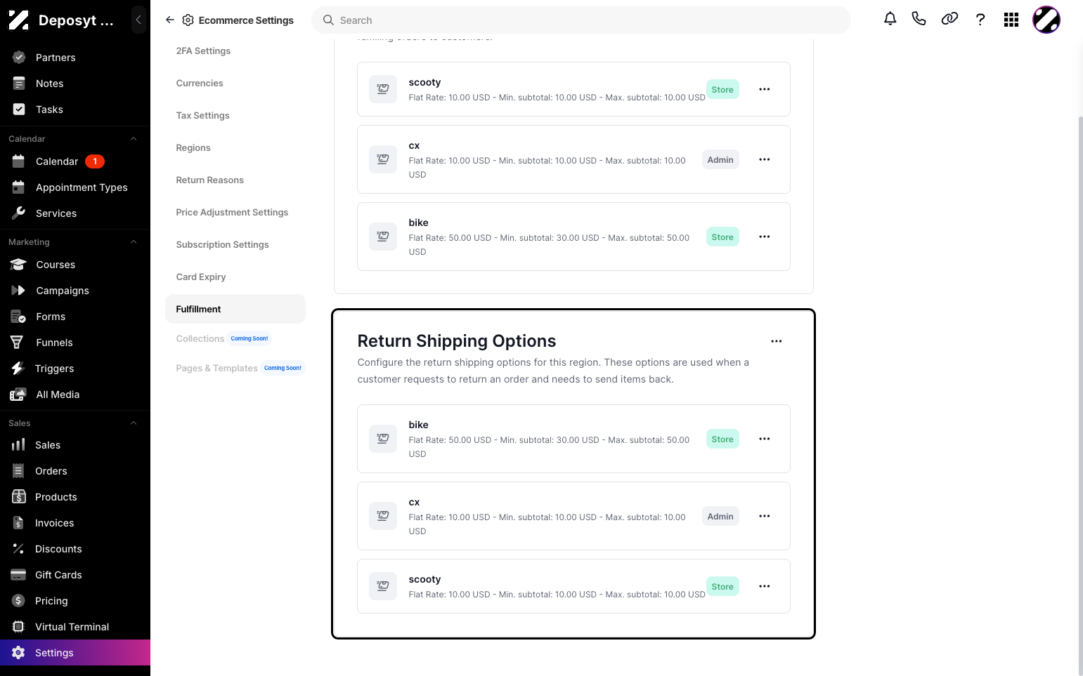 Step 5: Below, you will see the return shipping options. Configure the return shipping options for this region. These options are used when a customer requests to return an order and needs to send the items back.