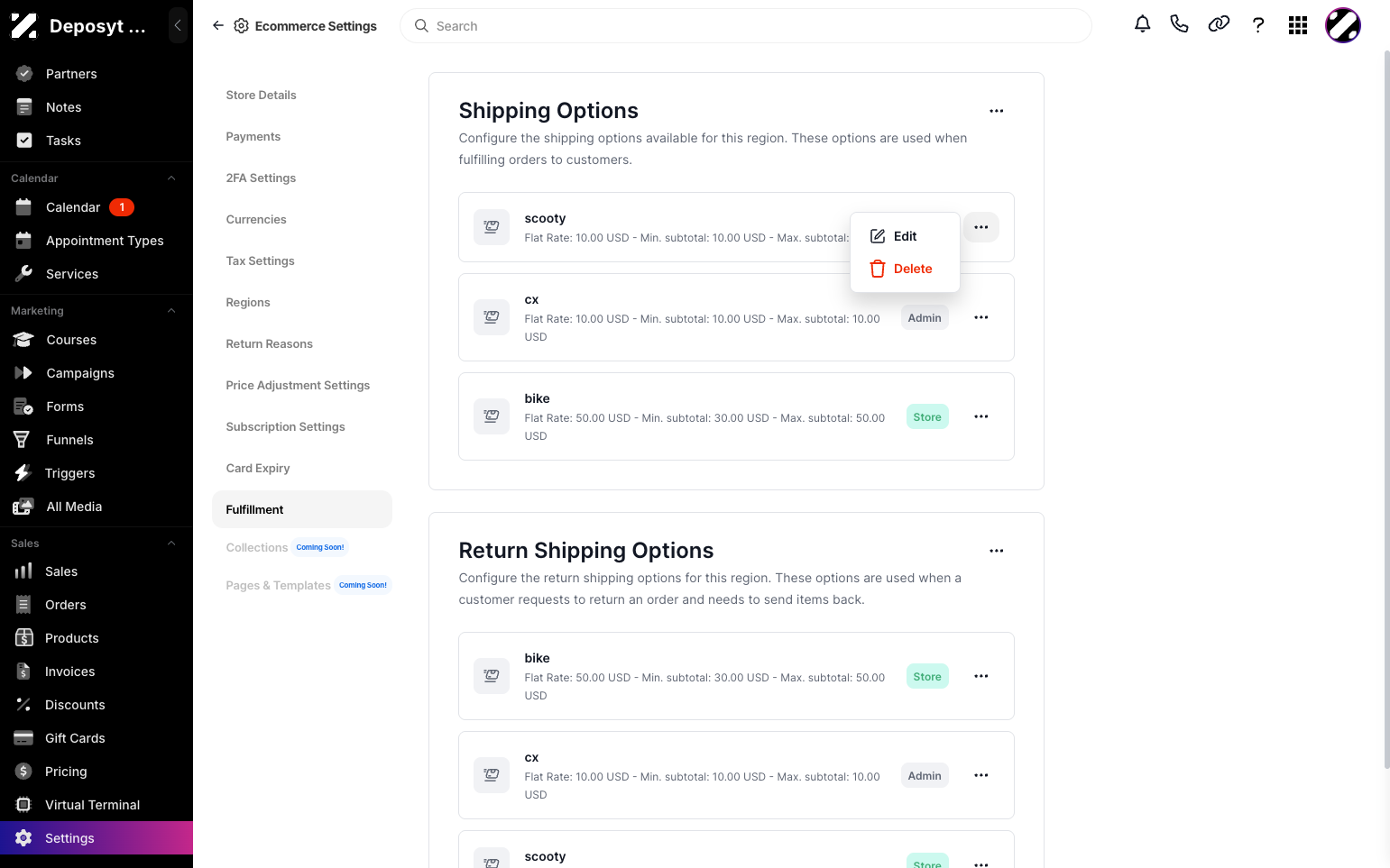 Step 6: For both the shipping option and return shipping option, you can edit or delete them by clicking the three-dot menu.